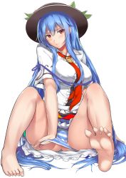 Rule 34 | 1girl, barefoot, blue hair, blush, breasts, embarrassed, feet, full body, hat, hinanawi tenshi, large breasts, long hair, looking at viewer, neropaso, panties, panty pull, red eyes, rei no himo, sidelocks, simple background, sitting, sketch, soles, solo, spread legs, spread toes, striped clothes, striped panties, toes, touhou, underwear, very long hair, white background