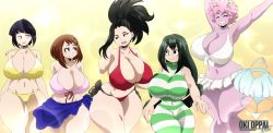 Rule 34 | 10s, 6+girls, aged up, alternate breast size, arms behind head, arms up, ashido mina, asui tsuyu, bikini, black eyes, black hair, blush, boku no hero academia, breasts, brown eyes, brown hair, closed eyes, closed mouth, collarbone, colored skin, frog girl, front-tie bikini top, front-tie top, green hair, hagakure tooru, happy, high ponytail, highres, horns, huge breasts, invisible, invisible girl, jirou kyouka, large breasts, long hair, messy hair, midriff, multiple girls, navel, okioppai, one-piece swimsuit, open mouth, outstretched arms, pink hair, pink skin, ponytail, purple hair, short hair, skirt, smile, standing, swimsuit, teeth, thick thighs, thighs, uraraka ochako, wide hips, yaoyorozu momo