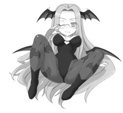 Rule 34 | 1girl, animal print, bare shoulders, bat print, bat wings, blush, breasts, bridal gauntlets, capcom, cleavage, clothing cutout, cosplay, fang, fate/stay night, fate (series), glasses, greyscale, head wings, heart, heart cutout, large breasts, leotard, long hair, medusa (fate), medusa (rider) (fate), monochrome, morrigan aensland, morrigan aensland (cosplay), pantyhose, print pantyhose, siseru samurai, solo, spread legs, square pupils, vampire (game), wings