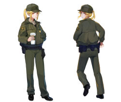 Rule 34 | 1girl, absurdres, baseball cap, belt, black belt, black footwear, blonde hair, brown eyes, brown shirt, collared shirt, commentary, cup, disposable cup, drink, english commentary, full body, green headwear, green jacket, green pants, gun, handgun, hat, highres, holding, holding cup, holding drink, holster, holstered, jacket, long hair, long sleeves, looking at viewer, looking back, los angeles county sheriff&#039;s department, multiple views, original, pants, patch, police, police uniform, policewoman, ponytail, sheriff, sheriff badge, shirt, shoes, sidelocks, simple background, standing, tuziki sang, uniform, utility belt, weapon, white background