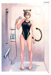 Rule 34 | 1girl, absurdres, animal ears, artist name, azasuke, bare arms, bare legs, bare shoulders, barefoot, bath, bathroom, black hair, breasts, cat ears, cat tail, collarbone, covered erect nipples, eyebrows, feet, full body, glasses, groin, highres, holding, indoors, large breasts, legs, looking at viewer, parted lips, pink eyes, red-framed eyewear, seductive smile, shampoo, short hair, shower, smile, solo, standing, swimsuit, tail, thighs, tiger ears, tiger tail, toes, water, wet, wet clothes