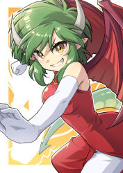 Rule 34 | 1girl, blush, breasts, brown eyes, china dress, chinese clothes, draco centauros, dragon girl, dragon horns, dragon tail, dragon wings, dress, elbow gloves, gloves, green hair, grin, heebee, horns, large breasts, looking at viewer, pantyhose, pointy ears, puyopuyo, red dress, short hair, smile, solo, tail, teeth, white gloves, white pantyhose, wings