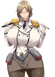 Rule 34 | 1girl, between breasts, black necktie, breasts, brown hair, brown skirt, clothing cutout, cowboy shot, curvy, dot nose, epaulettes, evil grin, evil smile, eyelashes, female focus, glasses, gloves, green eyes, grin, highres, huge breasts, kantai collection, katori (kancolle), kloah, long sleeves, looking at viewer, miniskirt, necktie, necktie between breasts, shiny clothes, shiny skin, shirt, short hair, side cutout, sidelocks, simple background, skirt, skirt over pants, smile, solo, standing, taut clothes, taut shirt, teeth, thick thighs, thighs, uniform, white background, wide hips
