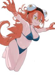 Rule 34 | 1girl, :&gt;, bikini, blue bikini, colored skin, fingernails, floating, full body, goggles, goggles on head, hair between eyes, headband, highres, jumping, lizard tail, medium hair, megame (okbnkn), monster girl, multicolored skin, orange hair, orange scales, orange skin, original, outstretched arms, reptile girl, scales, sharp fingernails, shell, simple background, solo, spiked shell, swimsuit, tail, white background, yellow eyes