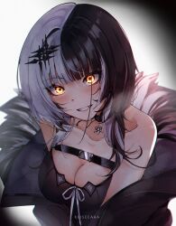 Rule 34 | 1girl, absurdres, artist name, black hair, breasts, chest belt, choker, cleavage, coat, fur trim, glowing, glowing eyes, grey hair, grin, hair ornament, highres, hololive, hololive english, keisea, looking at viewer, medium breasts, shiori novella, shiori novella (1st costume), simple background, smile, solo, two side up, upper body, virtual youtuber, yellow eyes