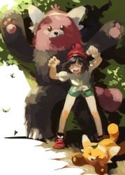Rule 34 | &gt; &lt;, 1girl, alternate color, animal hands, bare arms, bare legs, beanie, bear, bent over, bewear, black hair, bob cut, bracelet, brown eyes, closed eyes, closed mouth, creatures (company), evolutionary line, fingernails, game freak, gen 7 pokemon, green shorts, hat, highres, jewelry, leaf, leaning forward, looking at viewer, mayo cha, nintendo, open mouth, parted bangs, pokemon, pokemon (creature), pokemon sm, red hat, selene (pokemon), shiny pokemon, shirt, shoes, short hair, short sleeves, shorts, simple background, smile, sneakers, standing, stufful, tail, teeth, tied shirt, tongue, tree, white background, yellow shirt, z-ring