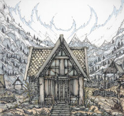 Rule 34 | building, limited palette, ltstry, mountain, muted color, no humans, outdoors, scenery, sky, stairs, stone wall, the elder scrolls, the elder scrolls v: skyrim, tree, wall, white sky