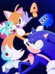 Rule 34 | 2boys, ;d, blue eyes, fox boy, furry, furry male, gloves, green eyes, highres, isa03re, male focus, multiple boys, multiple tails, one eye closed, open mouth, shoes, smile, sonic (series), sonic colors, sonic the hedgehog, tail, tails (sonic), two tails, white gloves, wisp (sonic)
