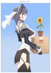 Rule 34 | 1girl, absurdres, black gloves, black hair, black thighhighs, blue eyes, border, bow, bow earrings, box, breasts, chain, chain headband, closed mouth, crop top, detached sleeves, earrings, english text, falling petals, flower, flower pot, from side, gloves, hair intakes, head chain, highres, holding, holding box, hololive, hololive english, jewelry, large breasts, looking ahead, miniskirt, ouro kronii, petals, profile, short hair, side slit, skirt, solo, sunflower, thighhighs, vest, virtual youtuber, white border, white veil, white vest, zenya