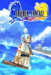 Rule 34 | 1boy, 2girls, artist name, beach, belt, blue sky, box art, capelet, cloud, commentary, cover, dangle earrings, earrings, elf, english commentary, fake box art, fern (sousou no frieren), final fantasy, final fantasy x, frieren, gold trim, green eyes, highres, holding, holding suitcase, jewelry, long sleeves, multiple girls, ocean, parody, partially submerged, pointy ears, skirt, sky, sleeve cuffs, smile, solo focus, sousou no frieren, stark (sousou no frieren), suitcase, twitter username, upper body, video game cover, wallace pires, white capelet, white skirt