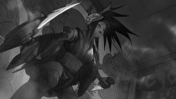 Rule 34 | 1girl, absurdres, akali, akali (legacy), alternate costume, antlers, arm guards, blood moon akali, blunt bangs, ceiling, commentary, doorway, dual wielding, english commentary, eyeliner, feet out of frame, fighting stance, from below, greyscale, highres, holding, holding sword, holding weapon, horns, japanese clothes, kama (weapon), kimono, league of legends, lips, long hair, long sleeves, makeup, mask, mask on head, monochrome, noren, obi, outstretched arms, parted lips, reverse grip, ribbon-trimmed sleeves, ribbon trim, sash, short kimono, short sword, sickle, sketch, smoke, solo focus, squatting, sword, thighhighs, weapon, wide sleeves, zeenchin