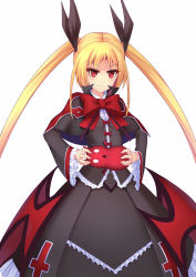 Rule 34 | 1girl, bad id, bad pixiv id, blazblue, blonde hair, bow, commentary, gii, hair ribbon, highres, long hair, long sleeves, looking at viewer, pout, pulling, rachel alucard, red eyes, ribbon, shirt, simple background, skirt, skirt set, solo, takibi (tamikyo), very long hair, wide sleeves