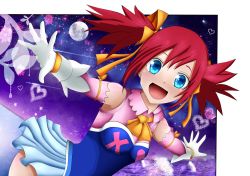 Rule 34 | bare shoulders, blue eyes, breasts, elbow gloves, fairy tail, flower, gloves, highres, moon, open mouth, red hair, ribbon, sheria blendy, skirt, twintails