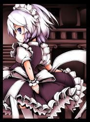 Rule 34 | 1girl, blue eyes, braid, female focus, izayoi sakuya, maid, maid headdress, shishigami (sunagimo), short hair, silver hair, skirt, solo, stairs, thighhighs, touhou, twin braids, white thighhighs, wrist cuffs