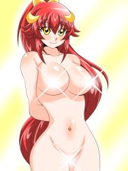 Rule 34 | 1girl, arms behind back, blush, breasts, censored, censored nipples, convenient censoring, eyes visible through hair, glowing, hair ribbon, highres, inabakun00, kotori (inaba), large breasts, long hair, looking at viewer, navel, nude, orange eyes, original, ponytail, red hair, ribbon, smile, solo, sparkle, standing