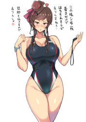 Rule 34 | 10s, 1girl, black one-piece swimsuit, breasts, brown hair, cleavage, commentary request, competition swimsuit, cowboy shot, flower, hair flower, hair ornament, large breasts, long hair, looking at viewer, mordeth, one-piece swimsuit, red eyes, simple background, solo, stopwatch, swimsuit, thigh gap, translation request, watch, white background, yuugiri (zombie land saga), zombie land saga