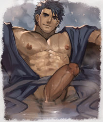 Rule 34 | 1boy, abs, arkapami, bara, bare pectorals, bercouli (sao), blue eyes, blue hair, blue kimono, closed mouth, dark blue hair, erection, facial hair, highres, japanese clothes, kimono, large pectorals, looking at viewer, male focus, muscular, muscular male, naked kimono, navel, nipples, pectorals, penis, short hair, sitting, smile, solo, stubble, sweat, sword art online, sword art online: alicization, sword art online: alicization - war of underworld, uncensored