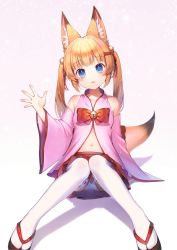 Rule 34 | 1girl, animal ear fluff, animal ears, bare shoulders, bell, black footwear, blonde hair, blue eyes, blush, bow, collarbone, commentary request, detached sleeves, fox ears, fox girl, fox tail, gradient background, hair bell, hair ornament, highres, jingle bell, kemomimi oukoku kokuei housou, knees together feet apart, long hair, long sleeves, looking at viewer, mikoko (kemomimi oukoku kokuei housou), momoshiki tsubaki, navel, panties, parted lips, pink background, pleated skirt, red bow, red skirt, revision, ribbon-trimmed legwear, ribbon trim, sandals, sitting, skirt, solo, tabi, tail, thighhighs, twintails, underwear, virtual youtuber, white background, white panties, white thighhighs, wide sleeves, zouri