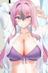 Rule 34 | 1girl, absurdres, arms behind head, arms up, azur lane, bra, breasts, bremerton (azur lane), cleavage, closed mouth, collarbone, collared shirt, commentary request, grey hair, hair between eyes, hair intakes, highres, indoors, large breasts, long hair, looking at viewer, mole, mole on breast, mole under eye, multicolored hair, open clothes, open shirt, partial commentary, pink eyes, pink hair, purple bra, shirt, sidelocks, smile, solo, stomach, streaked hair, two-tone hair, underwear, upper body, white shirt, yuuki atori