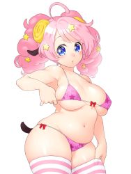 Rule 34 | 10s, 1girl, adjusting clothes, adjusting swimsuit, animal ears, bikini, blue eyes, blush, breasts, breasts apart, covered erect nipples, curly hair, female focus, hair ornament, horns, large breasts, long hair, looking at viewer, moa (show by rock!!), navel, onsoku inu, pink hair, plump, print bikini, sheep ears, sheep horns, sheep tail, show by rock!!, sideboob, skindentation, smile, solo, star (symbol), star hair ornament, star print, striped clothes, striped thighhighs, swimsuit, tail, thick thighs, thighhighs, thighs, underboob, white background, wide hips