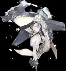 Rule 34 | 1girl, abyssal ship, anchor, belt, black background, blue eyes, breasts, full body, hair over eyes, hammerhead shark, highres, jacket, kantai collection, konishi (koconatu), long hair, official art, pleated skirt, silver hair, skirt, smile, south pacific aircraft carrier princess, transparent background