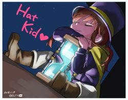 Rule 34 | 1girl, a hat in time, animated, animated gif, beige pants, black background, blue eyes, blush, brown footwear, brown hair, cape, chibi, closed eyes, full body, hat, hat kid, hourglass, jacket, long hair, long sleeves, open mouth, ponytail, purple hat, purple jacket, reaching, shoes, sidelocks, signature, simple background, sitting, sleeping, solo, top hat, yellow cape, zipper pull tab