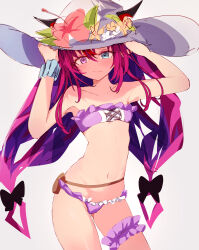 Rule 34 | 1girl, absurdres, arms up, bikini, black bow, blush, bow, breasts, closed mouth, collarbone, cosplay, cowboy shot, flower, frilled bikini, frills, getto, grey background, hair between eyes, hand on headwear, hat, hat flower, heterochromia, highres, hololive, hololive english, horns, irys (hololive), long hair, looking at viewer, navel, nobeta (cosplay), purple hair, scrunchie, simple background, sketch, small breasts, solo, standing, sun hat, swimsuit, twintails, very long hair, virtual youtuber, wrist scrunchie