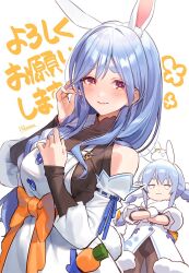 Rule 34 | 2girls, animal ear fluff, animal ears, apron, bare shoulders, black shirt, blue hair, braid, breasts, carrot, don-chan (usada pekora), highres, hikosan, hololive, long hair, looking at viewer, mature female, medium breasts, mother and daughter, multicolored hair, multiple girls, orange eyes, pekomama, rabbit-shaped pupils, rabbit ears, rabbit girl, scarf, shirt, simple background, smile, symbol-shaped pupils, thick eyebrows, twintails, usada pekora, usada pekora (1st costume), virtual youtuber, white background, white hair, white scarf