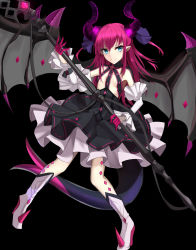 Rule 34 | 10s, 1girl, black background, black skirt, blue eyes, boots, breasts, closed mouth, detached sleeves, dragon girl, dragon horns, dragon tail, dragon wings, elizabeth bathory (fate), elizabeth bathory (fate/extra ccc), elizabeth bathory (first ascension) (fate), fate/extra, fate/extra ccc, fate (series), full body, hair between eyes, highres, holding, holding weapon, horns, layered skirt, long hair, looking at viewer, pointy ears, polearm, purple hair, shigure s, simple background, skinny, skirt, small breasts, smile, solo, tail, tsurime, two side up, weapon, white skirt, wings