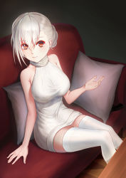 Rule 34 | 1girl, absurdres, arm support, asymmetrical hair, couch, girls&#039; frontline, hair between eyes, highres, indoors, looking at viewer, meme attire, pillow, red eyes, rmb-93 (girls&#039; frontline), short hair, silver hair, sitting, smile, solo, sweater, sweater vest, thighhighs, virgin killer sweater, white sweater, white thighhighs, xxiner, zettai ryouiki