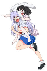 Rule 34 | 2girls, angry, animal ears, bad id, bad pixiv id, barefoot, carrying, dress, dress shirt, female focus, fuantei, grabbing another&#039;s ear, hand on another&#039;s ear, inaba tewi, long hair, miniskirt, multiple girls, necktie, open mouth, piggyback, pink dress, pink hair, pointing, rabbit ears, red eyes, reisen udongein inaba, running, shirt, shoes, short hair, skirt, smile, socks, touhou