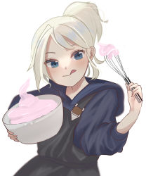 Rule 34 | 1girl, absurdres, animification, apron, black apron, blue hoodie, blush, bowl, hair behind ear, highres, holding, holding bowl, hood, hoodie, ilikeaoiro, jett (valorant), licking lips, looking to the side, ponytail, smile, solo, tongue, tongue out, upper body, valorant, white background, white hair