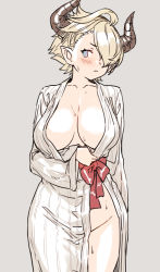 Rule 34 | 1girl, blonde hair, blue eyes, blush, breasts, breasts apart, draph, granblue fantasy, hair over one eye, highres, horns, houtengeki, japanese clothes, kimono, laguna (granblue fantasy), large breasts, long sleeves, looking at viewer, no bra, no panties, pointy ears, solo, thighs, wide sleeves