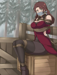 Rule 34 | 1girl, absurdres, bare shoulders, bdsm, bondage, bound, breasts, brown hair, cleavage, cloth gag, dorothea arnault, dress, earrings, fire emblem, fire emblem: three houses, gag, gagged, green eyes, highres, improvised gag, intelligent systems, jewelry, large breasts, long hair, looking at viewer, nintendo, over the mouth gag, red dress, ryner-e, sitting, sleeveless, sleeveless dress, solo