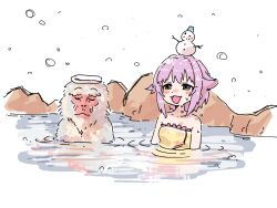 Rule 34 | 1girl, :3, absurdres, bare shoulders, blush stickers, commentary request, dripping, eyelashes, hair flaps, half-closed eyes, highres, idolmaster, idolmaster cinderella girls, japanese macaque, koshimizu sachiko, light purple hair, monkey, naked towel, nendo23, onsen, open mouth, orange eyes, partially submerged, reflection, reflective water, ripples, rock, short hair, simple background, smile, snowing, snowman, snowman on head, solo, towel, towel on head, water, wet, white background