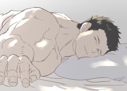 Rule 34 | 1boy, artist name, brown hair, collarbone, gradient background, green eyes, kanzaki itsuki (kanzaki kyoudai no nichijou), kanzaki kyoudai no nichijou, locksuke, looking at viewer, male focus, morning, muscular, muscular male, on bed, outstretched hand, parted lips, pillow, pov across bed, smile, topless male, under covers, upper body