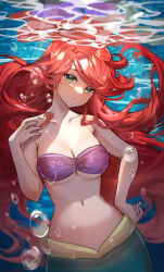 Rule 34 | 1girl, air bubble, ariel (disney), bare arms, bare shoulders, bikini, bikini top only, blush, breasts, bubble, chibi vanille, cleavage, closed mouth, collarbone, eyebrows hidden by hair, green eyes, hand on own hip, highres, light rays, long hair, looking at viewer, medium breasts, mermaid, monster girl, navel, purple bikini, red hair, solo, stomach, strapless, strapless bikini, swept bangs, swimsuit, the little mermaid, underboob, underwater, very long hair