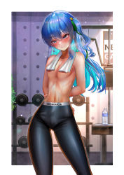 Rule 34 | 1girl, absurdres, areola slip, armpits, arms behind back, blue hair, blush, bottle, breasts, breath, cleavage, closed mouth, collarbone, commentary, convenient censoring, earrings, exercise machine, green ribbon, grey eyes, gym, hair ornament, hair ribbon, highres, hololive, hoshimachi suisei, indoors, jagoo, jewelry, looking away, multicolored hair, navel, pants, plant, ribbon, small breasts, sportswear, standing, star (symbol), star hair ornament, stomach, sweat, topless, towel, towel around neck, towel over breasts, two-tone hair, underboob, virtual youtuber, water bottle, weights
