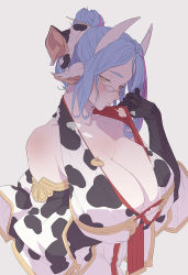 Rule 34 | 1girl, adjusting clothes, animal print, blue hair, breasts, cleavage, cow print, draph, glasses, granblue fantasy, horns, huge breasts, ion (cation), mature female, shatola&#039;s mother (granblue fantasy), solo