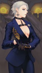 Rule 34 | 1girl, absurdres, blue eyes, breasts, choker, cleavage, covering face, crying, earrings, formal, gloves, highres, jewelry, klinck foster, lapel pin, looking to the side, medium breasts, original, short hair, suit, white hair, witch, yellow eyes