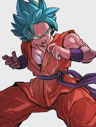 Rule 34 | 1boy, blue eyes, blue hair, dragon ball, dragon ball super, fighting stance, grey background, kemachiku, looking to the side, male focus, open mouth, short hair, simple background, solo, son goku, standing, super saiyan, super saiyan blue, teeth