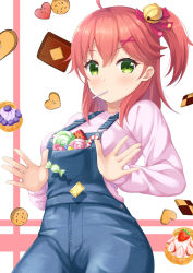Rule 34 | 1girl, 7fuji 06, bell, candy, candy cane, cookie, cream puff, denim, food, food in mouth, food request, green eyes, hair bell, hair between eyes, hair ornament, heart-shaped food, highres, hololive, lollipop, long sleeves, looking at viewer, medium hair, overalls, pink hair, pink shirt, sakura miko, shirt, side ponytail, solo, virtual youtuber