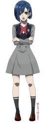 Rule 34 | absurdres, artist name, blue hair, bob cut, breasts, brown footwear, christina marie lacey, crossed arms, darling in the franxx, dress, full body, green eyes, grey dress, grey legwear, hair ornament, hair over one eye, hair strand, hairclip, highres, ichigo (darling in the franxx), loafers, open mouth, red neckwear, shoes, short hair, signature, simple background, small breasts, solo, standing, uniform, white background