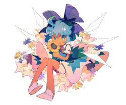 Rule 34 | 1girl, bloomers, blue dress, blue eyes, blue hair, blue ribbon, cirno, commentary, dress, flower, hair ribbon, highres, holding, holding flower, neck ribbon, no sclera, phantasmic, puffy short sleeves, puffy sleeves, red ribbon, ribbon, shirt, shoes, short dress, short hair, short sleeves, sitting, smile, solo, sunflower, tan, tongue, tongue out, touhou, underwear, white bloomers, white footwear, white shirt