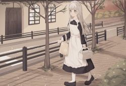 Rule 34 | 1girl, apron, bad id, bad twitter id, bag, black dress, black footwear, blush, box, brown eyes, building, closed mouth, collared dress, commentary request, cross, cross necklace, day, door, dress, grey hair, highres, holding, holding box, jewelry, juliet sleeves, long hair, long sleeves, maid, maid apron, maid headdress, necklace, original, outdoors, pantyhose, pastry box, puffy sleeves, railing, road, shoes, smile, solo, tree, tsuruse, walking, white apron, white pantyhose, wings