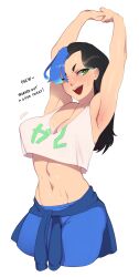 Rule 34 | 1girl, absurdres, armpits, arms up, black hair, blue hair, blue pants, breasts, cleavage, combos &amp; doodles, crop top, english text, green eyes, highres, large breasts, long hair, looking at viewer, midriff, multicolored hair, navel, open mouth, original, pants, shirt, sleeveless, solo, stretching, teeth, two-tone hair, upper teeth only, white shirt, yoga pants