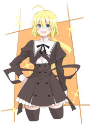 Rule 34 | 1girl, :d, absurdres, ahoge, amano soraha, arm at side, assault lily, black ribbon, black skirt, black thighhighs, blonde hair, blue eyes, breasts, buttons, commentary request, cowboy shot, cropped jacket, cropped legs, frilled skirt, frills, hair between eyes, hand on own hip, high-waist skirt, highres, juliet sleeves, long hair, long sleeves, looking at viewer, low ponytail, medium breasts, miniskirt, neck ribbon, open mouth, orange background, ponytail, puffy sleeves, ribbon, sasaki33916, school uniform, shirt, skirt, smile, solo, sparkle, standing, teeth, thighhighs, two-tone background, upper teeth only, white background, white shirt, yurigaoka girls academy school uniform