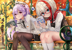 Rule 34 | 2girls, admiral graf spee (azur lane), ajax (azur lane), alternate costume, autumn, autumn leaves, azur lane, bench, black neckwear, black skirt, black vest, blazer, blue eyes, blue skirt, book, brown legwear, casual, closed mouth, collared shirt, commentary request, fins, fish tail, ginkgo leaf, glasses, grey hair, grey headwear, grey jacket, grey shirt, hair ribbon, hand up, head rest, holding, holding book, jacket, kneehighs, lamppost, leaf, light rays, long hair, long sleeves, looking at viewer, miniskirt, multicolored hair, multiple girls, necktie, one side up, open book, osisio, outdoors, pantyhose, park bench, pink eyes, pleated skirt, purple hair, red-framed eyewear, red hair, ribbon, scarf, shark tail, shirt, sitting, skirt, smile, socks, spoken squiggle, squiggle, sunbeam, sunlight, tail, thighs, tree, two-tone hair, undershirt, vest, white legwear, white shirt