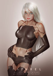 Rule 34 | 1girl, android, artist name, bare shoulders, black gloves, black thighhighs, blue eyes, breasts, brown background, elbow gloves, fainxel, gloves, gradient background, hands on own hips, highres, lips, long hair, looking at viewer, medium breasts, midriff, navel, nier (series), nier:automata, nose, signature, silver hair, solo, thighhighs, watermark, web address, a2 (nier:automata)