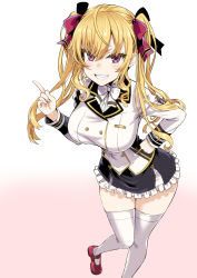 Rule 34 | 1girl, asanagi, black skirt, blonde hair, bow, breasts, clenched hand, collared shirt, colored eyelashes, commentary request, fang, from above, gradient background, grin, hair between eyes, hair bow, hair ribbon, hand on own hip, highres, impossible clothes, index finger raised, knees together feet apart, large breasts, leaning forward, long hair, mary janes, miniskirt, nijisanji, nijisanji seeds, red eyes, ribbon, shiny skin, shirt, shoes, short eyebrows, skindentation, skirt, smile, solo, standing, standing on one leg, takamiya rion, takamiya rion (1st costume), thighhighs, thighs, tsurime, twintails, virtual youtuber, white thighhighs, zettai ryouiki